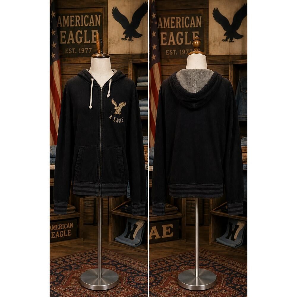 American Eagle Vintage Zip Hoodie XL Embroidered Logo Black